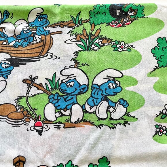 Vintage 1980s Smurf Sheet Set w Fitted Bottom + Flat Top + Pillowcase Peyo Retro - Picture 11 of 14